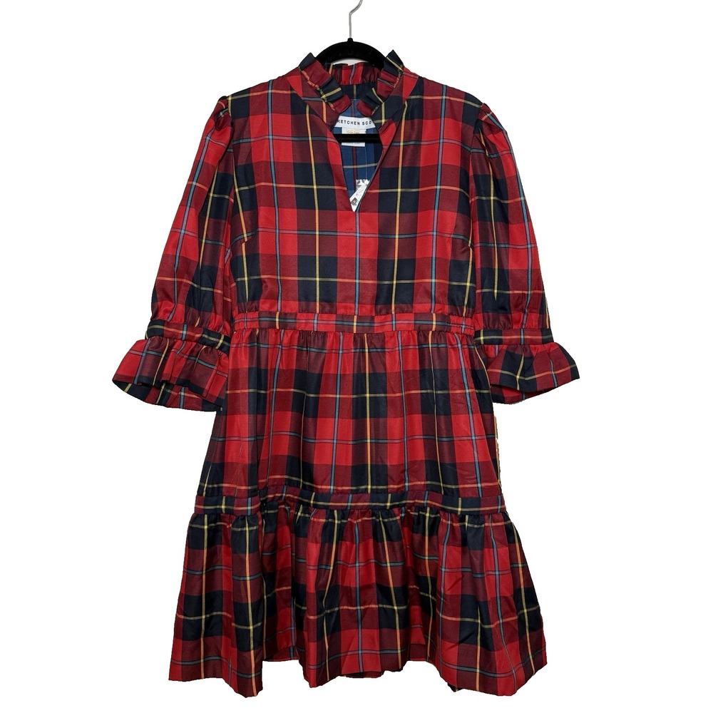 Gretchen Scott NWT Teardrop Dress Red Plaidly Cooper L Tartan Ruffle Holiday